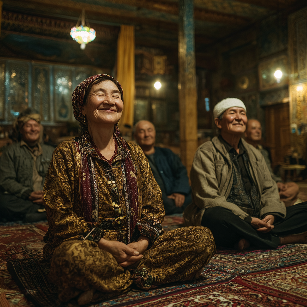 Smiling middle-aged Uzbekistan woman in comfortable yoga attire practicing meditation pose outdoors in natural setting