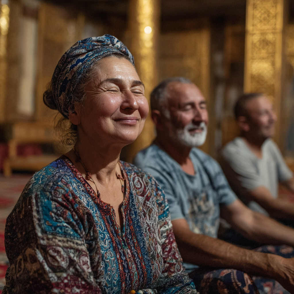 Smiling elderly Uzbekistan man in comfortable clothing demonstrating gentle yoga poses for knee and hip protection