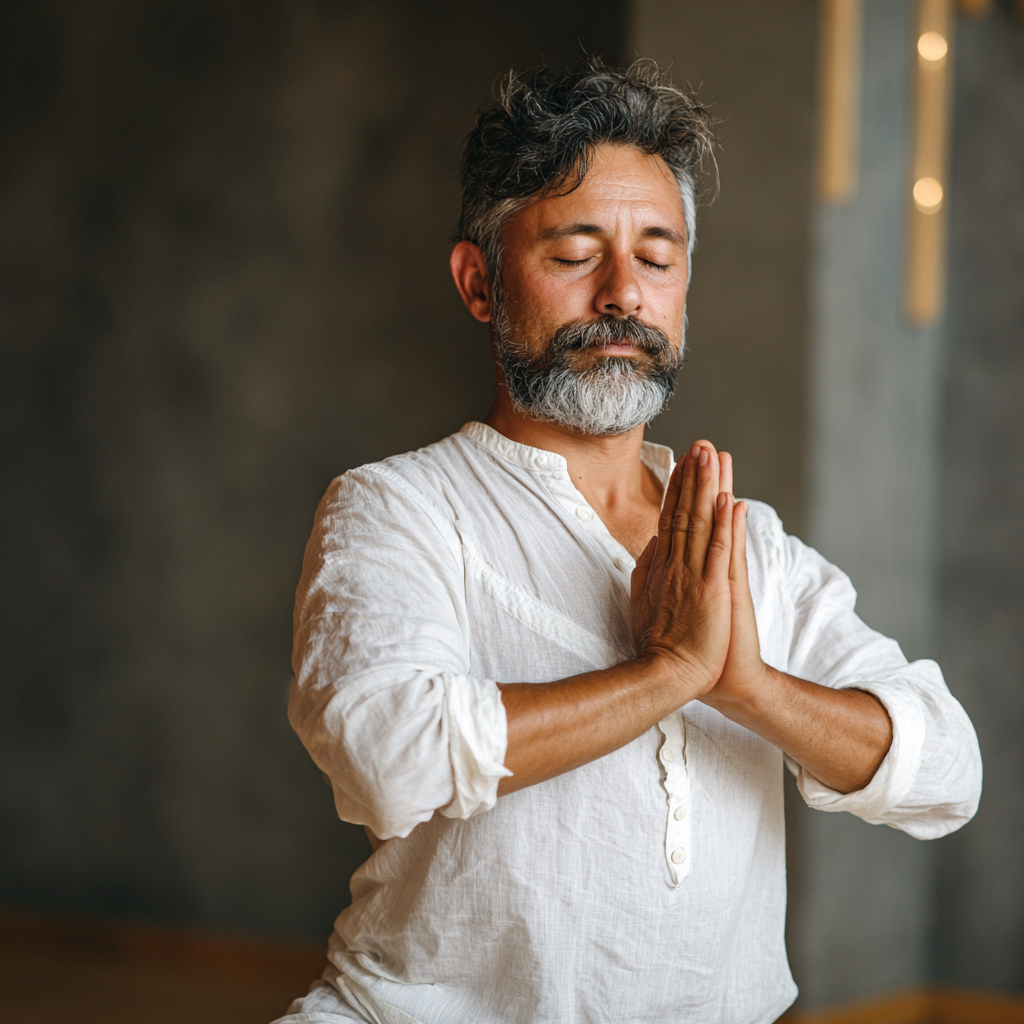 Smiling young Uzbekistan woman in peaceful meditation pose demonstrating inner balance and tranquility